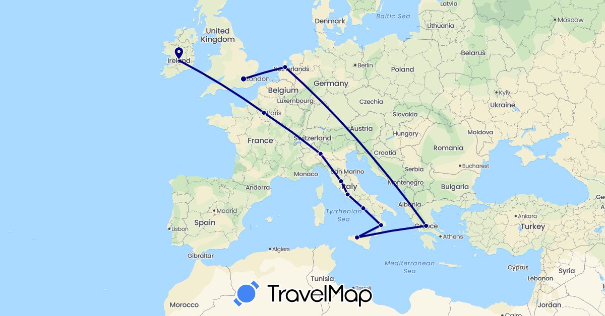 TravelMap itinerary: driving in France, United Kingdom, Greece, Ireland, Italy, Netherlands (Europe)